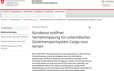 Bundesrat eröffnet Vernehmlassung für unterirdisches Gütertransportsystem Cargo sous terrain