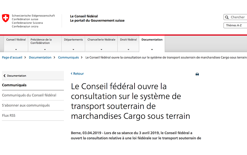Le Conseil fédéral ouvre la consultation sur le système de transport souterrain de marchandises Cargo sous terrain